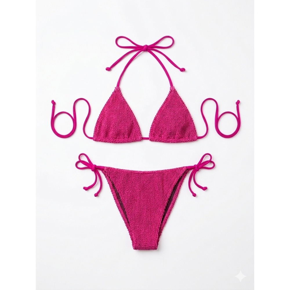 Alila Oceanside One Size Crinkle Bikini Set Hot Pink Lurex Metallic Miami